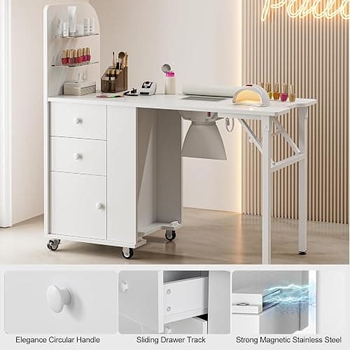 Paddie Foldable Manicure Nail Table with Glass Shelf, Folding Nail Tech Desk w/Dust Collector, 2 Open Shelves & 2 Drawers, Wrist Pad, Lockable Wheels, Storage Desk for Nail Tech（White） thumbnail 9