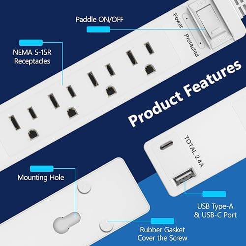 LIDER Surge Protected Outlet Extender, 4-Outlet Power Strip, 1 USB Type-A, and 1 USB Type-C Port, Surge Protect Up to 1500J, Ultra-Thin Wall Plate Plug with Cord Extender, 5ft Cord, ETL-Listed, White thumbnail 4