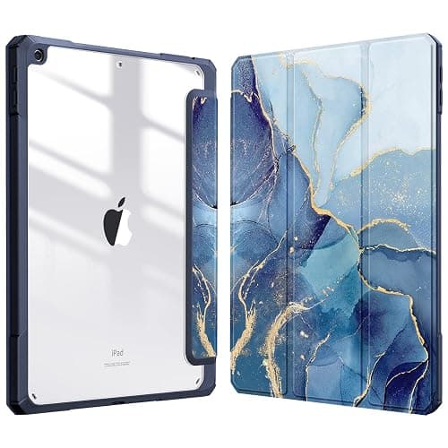 Fintie Hybrid Slim Case for iPad 9th / 8th / 7th Generation (2021/2020/2019) 10.2 inch - [Built-in Pencil Holder] Shockproof Cover with Clear Transparent Back Shell, Auto Wake Sleep (Ocean Marble) - Image 1