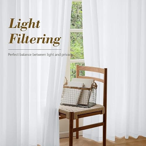FMFUNCTEX Sheer Non-See-Through White Curtains for Bedroom, Faux Silk that Let Light Curtains 84 inches Long Light Filtering Privacy Sheer Window Drapes for Living Room, Rod Pocket 2 Panels Set thumbnail 4