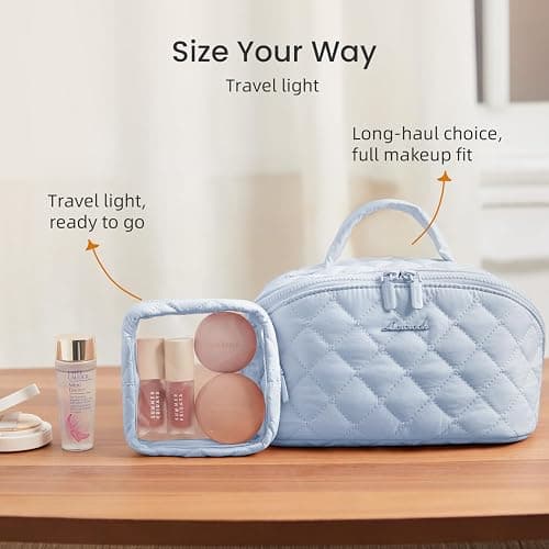 LOVEVOOK Travel Makeup Bag for Women, 2Pcs Puffer Waterproof Cosmetic Organizer, Large Capacity Pouch Open Flat Small Toiletry Bag with Brush Compartment & Handle (Blue, Medium) thumbnail 6