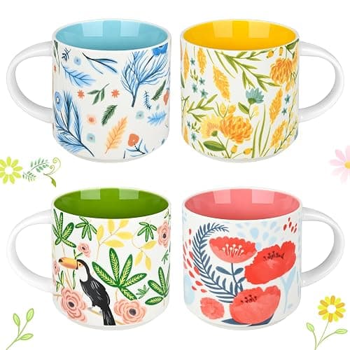 Yoiemivy 16 Oz Ceramic Coffee Mugs Set of 4 Large Flower Mugs Vintage Floral Tea Cups with Handles Cute Aesthetic Mug Solid Restaurant Porcelain Tea Mug - Gifts for Women Mom - 16 OZ - Color 001 - Image 1