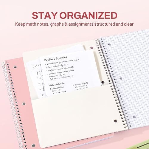 SUNEE Spiral Notebook, 1-Subject, Graph Ruled Paper, 8" x 10-1/2", 100 Sheets per Notebook, 3-Hole Punched Paper, Water Resistant Cover, Spiral Grid Notebooks for Work, Home, School, Writing, Pink thumbnail 4