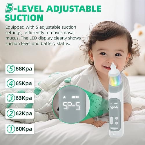 Aspiratore nasale neonato - Aspiratore nasale per neonati e bambini con 5 livelli di aspirazione regolabili e 3 punte in silicone, funzione musicale e luci a LED thumbnail 3