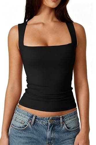QINSEN Women's Square Neck Sleeveless Double-Layer Tank Tops Basic Tight T Shirts - Image 1