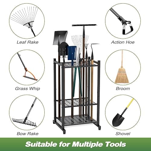 Garden Tool Organizer, Yard Tool Tower Rack for Garage Organization and Storage, Up to 35 Long-Handled Tools/Rakes/Brooms, Heavy Duty Steel Garden Tool Stand for Shed, Outdoor, Black thumbnail 6