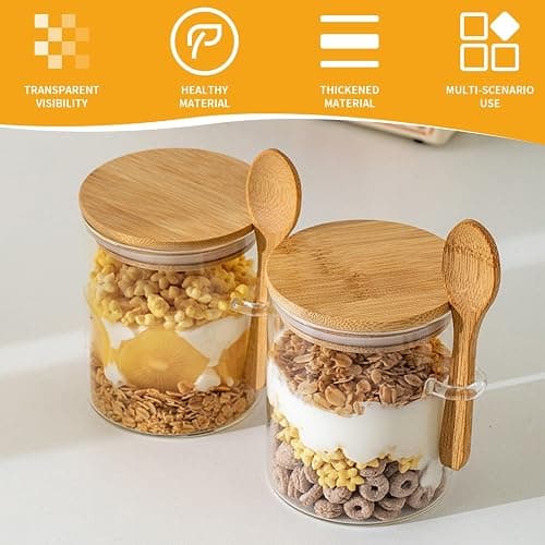 Eidoct 4-Pack Overnight Oats Containers with Wooden Lids and Spoon | 16 oz Overnight Oats Jars, Glass Food Storage Container for Oatmeal, Chia Pudding, Yogurt, Salad, Cereal thumbnail 3