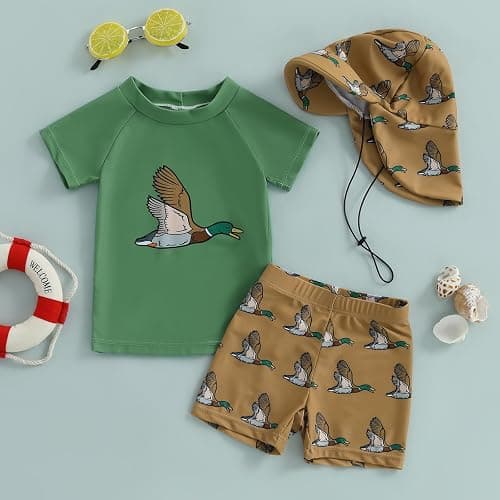 DuAnyozu Baby Boys Swimsuit Long Sleeve Rash Guard Swimwear Baby Boy Swim Trunk with Hat Set 3-Piece Toddler Bathing Suit thumbnail 2