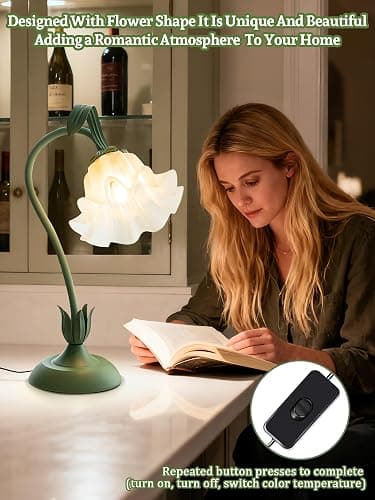 Flower Table Lamp Bedside Lamps LED Reading Light,3 Color Modes Cute Small Lamp,Vintage Flower Lamp Nightstand Lamp Kawaii Table Lamp for Bedroom Living Room Office Dorm Desk Home Decor(Green lamp) thumbnail 2