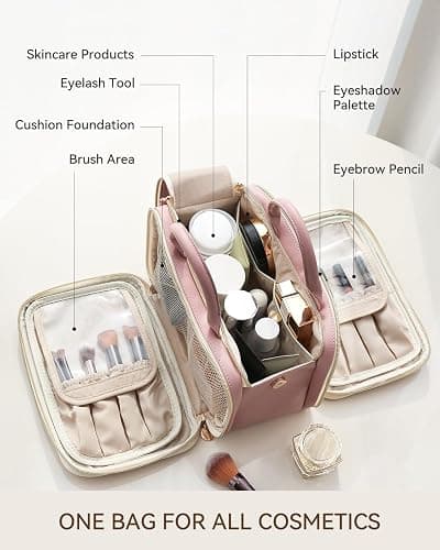Prite Makeup Bag for Women, Large Capacity Waterproof Travel Cosmetic Organizer, Portable Open Flat Toiletry Bag with Free-Standing Brush Holder and Handle(Pink Medium) thumbnail 3