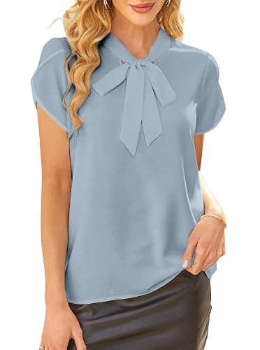 Avanova Women Short Sleeve Blouses Tie Neck Petal Tulip Sleeve Tops Work Business Shirts thumbnail 3