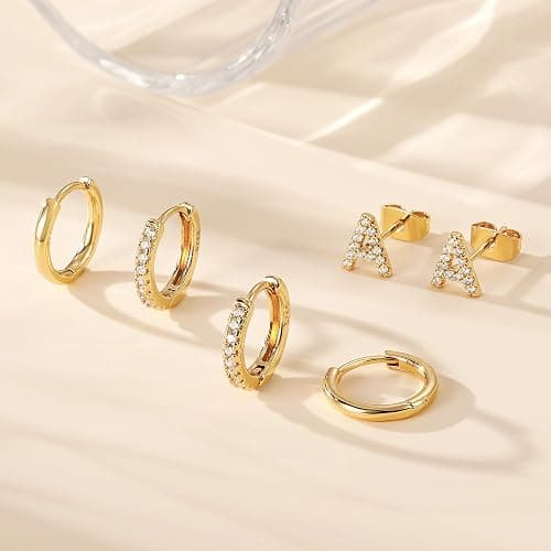 Ritach Christmas Gifts for Teens Girls Kids - 3 Pairs Gold/Silver/Rose Gold Huggie Hoop Earrings for Women Girls Hypoallergenic CZ Initial Stud Earrings Set Stocking Stuffers for Teens Girls Kids thumbnail 6