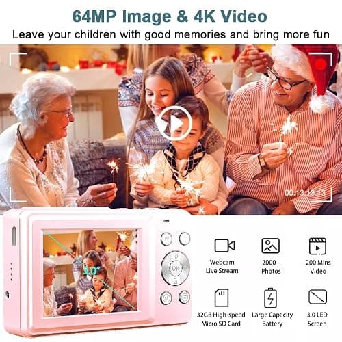 4K Digital Camera for Photography, 64MP Autofocus Vlogging Cam for YouTube, Anti-Shake, 3.0'' LED Screen, 18X Zoom, Pink Point and Shoot Digital Camera for Teens Adult Beginner, 32GB TF Card thumbnail 2