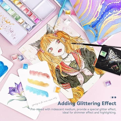 Paul Rubens Artist Watercolor Paints-Metallic Glitter Solid Colors-Pink Portable Metal Case with Palette-24 Color Set Sparkle Watercolor thumbnail 4