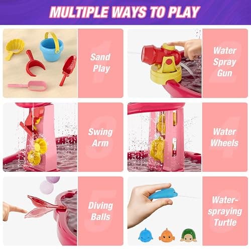 HYES Water Table for Toddlers 3-5, 3-Tier Kids Splash Sand Table Water Toys with Umbrella, Rain Showers Splash Pond for Outdoor Beach Backyard Summer, Activity Sensory Playset for Boys Girls, Red thumbnail 5