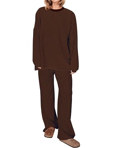 MISSACTIVER Women's 2 Piece Striped Lounge Set Long Sleeve Oversized T-Shirt Wide Leg Pants Matching Pajamas Set - Image 1