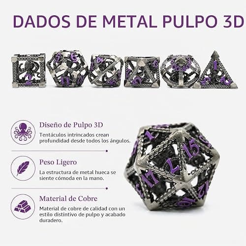 HNCCESG Juego de Dados de Metal D&D, Dungeons and Dragons Dice Juego de Dados de Metal Poliédricos Pulpo Huecos para Juegos de rol D y D para Juegos de Mesa (Cthulhu Número Morado) thumbnail 3