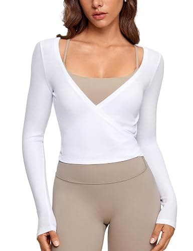 INGIA Womens V-Neck Long Sleeve Cross Wrap Top Slim Fit Soft Knit Layering Shirt Casual Yoga Gym Bandage Tie Tops - Image 1