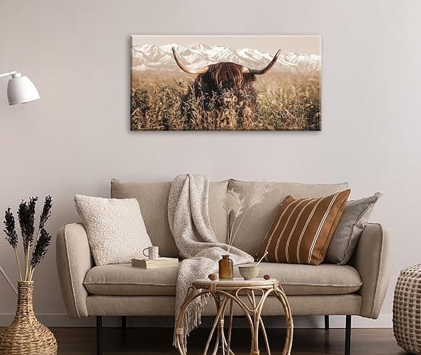 DJSYLIFE Highland Cow Wall Art Farmhouse Decor Canvas Printed Country Cow Pictures Western Rustic Modern Artwork Decorations for Bedroom Office Living Room Framed Ready to Hang 20" x 40" thumbnail 3