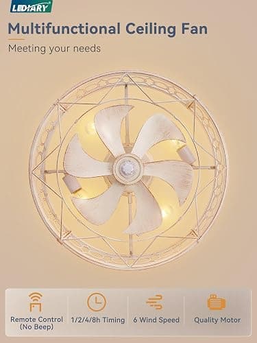 LEDIARY 23 Inch Caged Flush Mount Ceiling Fans with Lights, White Gold | Low Profile, Farmhouse, Bladeless Enclosed Fandelier, Small, 6 Speed, Quiet Powerful DC, Bedroom, Kitchen, Living Room, thumbnail 5