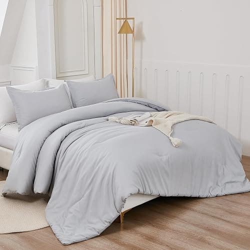 Litanika Light Grey Comforter Full Size, 3 Pieces Lightweight Solid Bedding Comforter Set, All Season Fluffy Bed Set (79x90In Comforter & 2 Pillowcases) - Full (79"x90") - 07 - Light Grey thumbnail 2