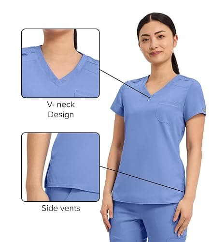 Med Couture Touch Women's Scrub Tops V-Neck Tuck-in Top with 1 Pocket | Slim Fit, Touch Performance Fabric, Stretchy Rib-Knit Shoulders, Bungee Loop, 2-Way Stretch, Lightweight, for Long Shifts thumbnail 7
