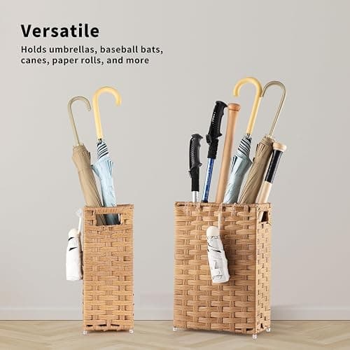 WAOHANAZ Rattan Umbrella Stand, Umbrella Holder for Entryway, Hand Woven Umbrella Rack Organizer Freestanding, with a Detachable Drip Tray, 4 Hooks, 6.5" L x 6.5" W x 16.5" H - 6.5"L x 6.5"W x 16.5"H thumbnail 5