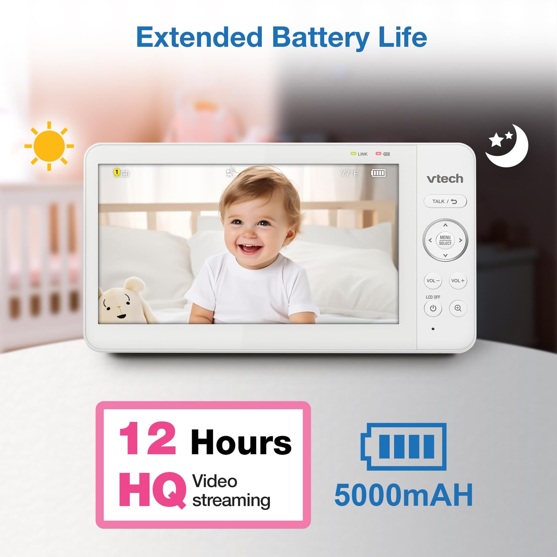 VTech Advanced HQ MAX 7" Digital Video Baby Monitor with Panoramic Zoom, 5000mAh Long Battery Life, IPS Display, Touch Control, Multi-Color Night Light, thumbnail 6