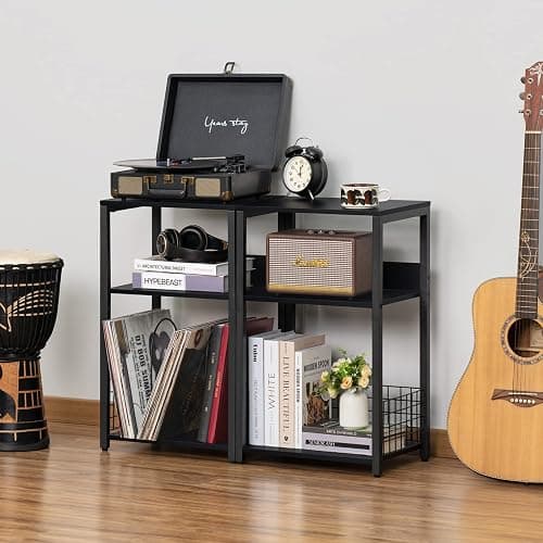 LELELINKY Black End Table, Small Side Table with Metal Frame,Modern Record Player Stand with Storage Shelf, Wood 3 Tier Sofa Bedside Tables, Narrow Nightstand for Living Room Bedroom Office thumbnail 5