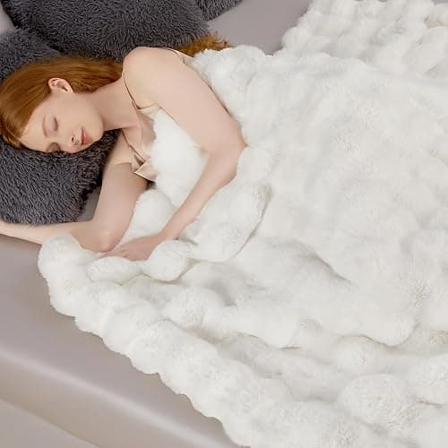 Touchat Luxury 1000GSM Faux Rabbit Fur Throw Blanket, Super Heavy Warm Cozy Blankets for Couch Bed Sofa, Bubble Plush Fuzzy Elegant Soft Reversible Mink Blanket for Living Room Bedroom, Cream White thumbnail 6
