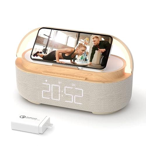 COLSUR Bluetooth Speaker Alarm Clock with Wireless Charger, FM Radio, Adjustable LED Night Light, 6 in 1 Bedroom Portable Speaker 2500mAh, Phone Stand for Bedside, Home, Office, Gift - Image 1