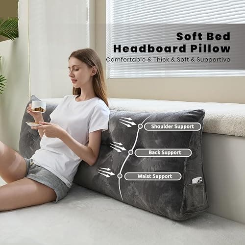Zelladorra Headboard Pillow for Bed,Triangular Wedge Pillow Headboard Soft Support While Reading and Resting,Bed Bolster Cushion Headboard with Removable Cover,Dark Grey, Queen (59"x8"x20") thumbnail 2