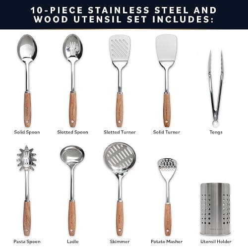 Home Hero Stainless Steel Kitchen Utensils Set - Nonstick Cooking Utensils Set - Heat Resistant Kitchen Essentials & Metal Kitchen Gadgets (10 pcs - Wood and Stainless Steel) | Ergonomic Wood Handle Stainless Steel Kitchen Utensils - Rust-Resistant, Nonstick Safe with Storage Holder (10-Piece) thumbnail 3