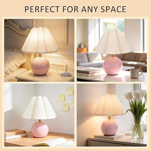 Komothala Small Bedside Table Lamp, Ceramic Stepless Dimmable Lamp with Scalloped Fabric Shade,Decorative Accent Light for Nightstand, Living Room, Console or Kids Dorm,Pink (E26 LED Bulb Included) thumbnail 2