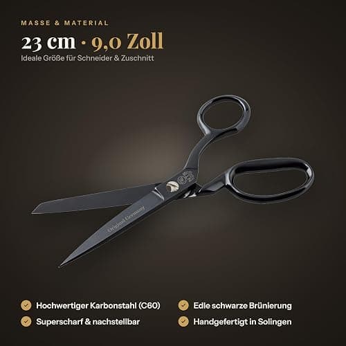 NTS-Solingen Black Edition | Schneiderschere | Stoffschere | Schere aus Karbonstahl | Schwarz Brüniert | Super Scharf | Hergestellt in Solingen | 23 cm = 9,0" thumbnail 3