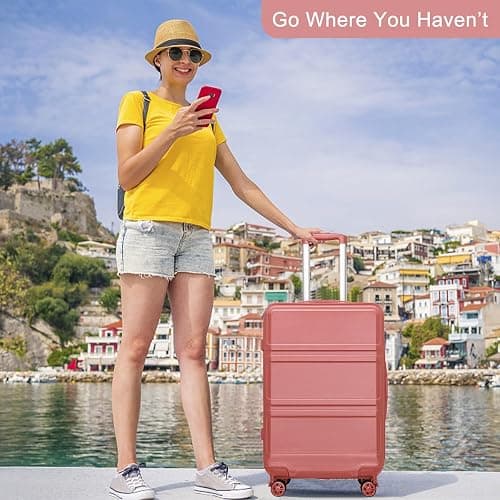 Kono 4 Piece Luggage Sets Expandable(only 28") Lightweight with Spinner Wheels TSA Lock Hardside Travel Rolling Suitcases 20in 24in 28in Carry on and 12in Mini Cosmetic Case Coral Pink thumbnail 7