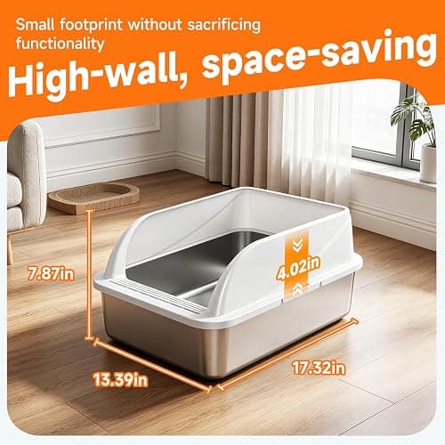 OneBug Stainless Steel High Sides Cat Litter Box with Scoop, Open Top Litter Pan for Indoor Cats, Easy to Clean, Reduced Litter Scatter, Medium thumbnail 4