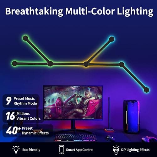 KOBAIBAN Smart Wall Light Lines, WiFi RGB LED Bars, 16M+ Color Dimmable Music Sync DIY Home Decor for Gaming Party Streaming Lovers, Compatible with Alexa & Google Assistant (6 Lines, Black) thumbnail 3