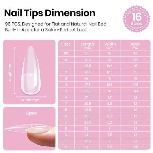 Beetles Tipex Lite Instant Apex Nail Tips, Medium Stiletto, 16 Sizes | 00–14, Built-in Apex Acrylic Tips for Flat & Natural Nail Beds, Beginner-Friendly Easy DIY Nail Extensions thumbnail 6