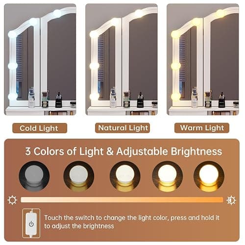 Tiptiper Vanity Table Set with Lighted Tri-Folding Mirror, Makeup Vanity with Lights & 3 Color Lighting Modes, Vanity Desk with Mirror and Cushioned Stool, Makeup Table with 5 Drawers, White thumbnail 3