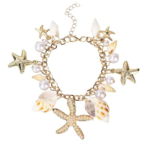 Mikovivi Gold-Tone Shell Starfish Bracelet, Women Summer Beach Bracelet Pearl Sea-Themed Ocean Charm Seashell Jewelry for Beach Vacation & Pool Party - Image 1
