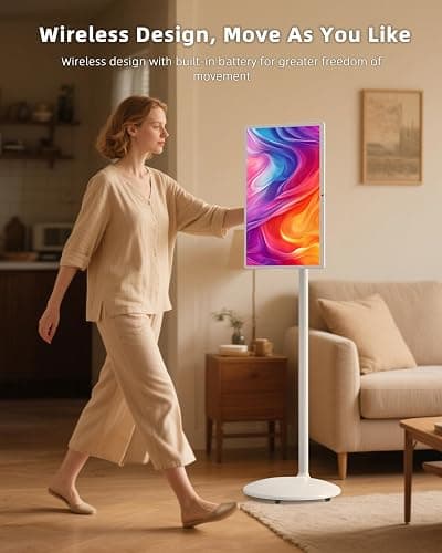 25" Portable TV, 1080P HD Smart Screen with Android 13 OS, 13MP HD Build-in Camera with Privacy Cover, 6G+128GB Storage, 10W Stereo Speakers, Rolling Monitor on Wheels, Multiple Usage Scenarios, White - 6+128 GB thumbnail 7
