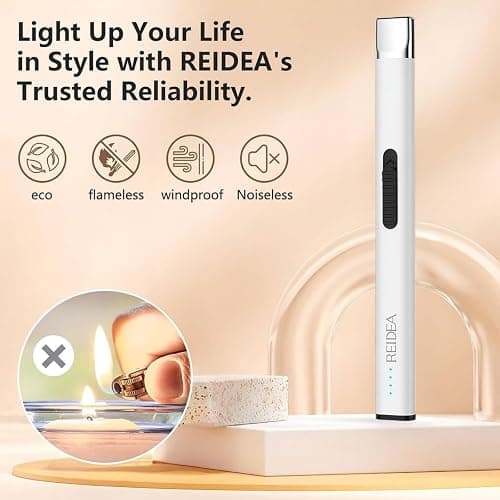 REIDEA Lighter Electronic for Candle, Windproof Flameless USB Rechargeable Arc Lighter with Safe Button and Power Indicator for Candle, BBQ, R1, White thumbnail 4