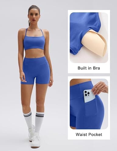 SUUKSESS Women 2 Piece Workout Sets Padded Halter Sports Bras High Waisted Biker Shorts with Pockets thumbnail 2