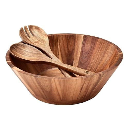 JF JAMES.F Wooden Salad Bowl, 12'' Acacia Wood Large Salad Bowl Set Big Salad Serving Bowl with Serving Utensils - Image 1