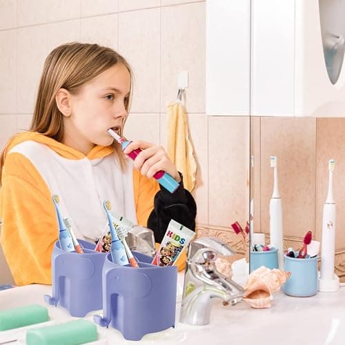 Hippywell Kids Toothbrush Holder, Cute Elephant Toothbrush Holders for Toddler, Toothbrush Toothpaste Holder for Bathroom, Toothbrush Organizer with 3 Slots and a Hook, Purple thumbnail 2