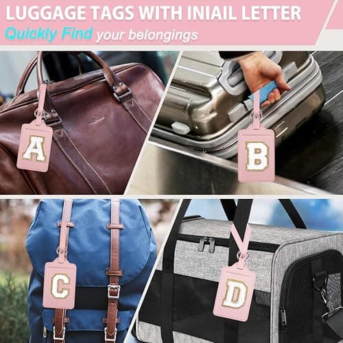 Personalized Initial Luggage Tags for Suitcases, Leather Chenille Letter Cute Luggage Tags with Privacy Name Card, Embroidered Travel Bag Backpack Tag Gifts for Women Kids Girls Teens(Pink-M) thumbnail 6