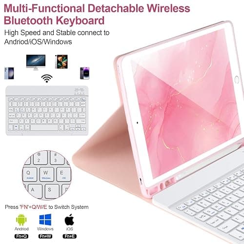 AHYWTAN Keyboard Case for iPad 9/8/7th Gen 10.2’’,Case with Bluetooth Keyboard for iPad 9th Gen with Pencil Holder,Pink-W thumbnail 3