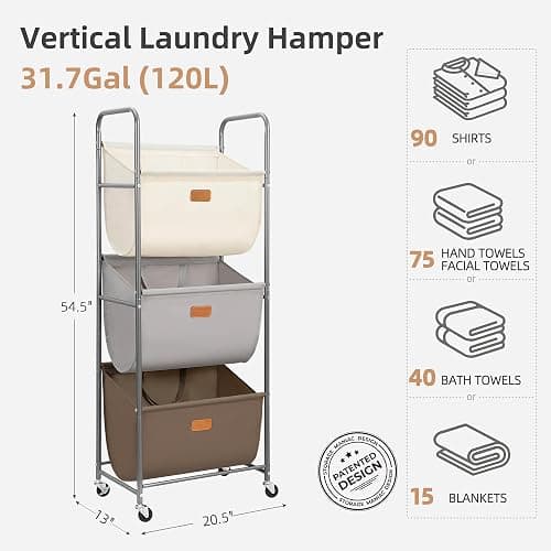 STORAGE MANIAC 120 Liters Vertical Rolling Laundry Hamper, 3 Section Laundry Sorter with Wheels and 2 Breaks, 3-tier Laundry Baskets for Small Space, Dorm, Laundry Room, Closet, Multicolored 3-tier thumbnail 3