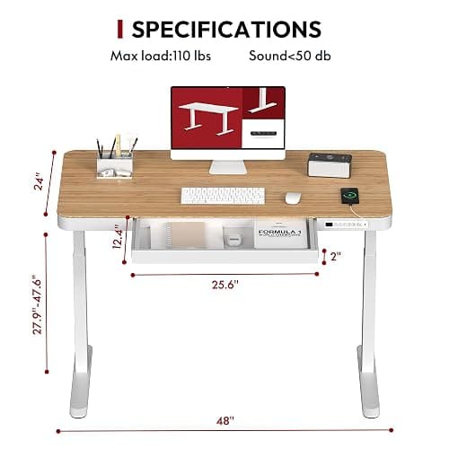 Standing Desk with Drawer, Electric Height Adjustable Home Office Desk with Storage & USB Ports, 48 inch Bamboo Texture Tabletop/White Frame thumbnail 3